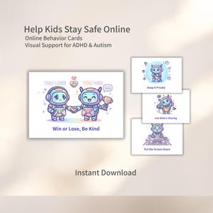 Könnte beinhalten: Ein Satz Online-Verhaltens-Karten mit dem Text "Help Kids Stay Safe Online". Die Karten zeigen Cartoon-Roboter-Charaktere und Sätze wie "Win or Lose, Be Kind", "Keep It Private" und "Ask Before Sharing". Visuelle Unterstützung für ADHS und Autismus.