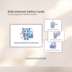 Könnte beinhalten: Kinder-Internet-Sicherheitskarten mit visueller Unterstützung für ADHS und Autismus. Die Karten zeigen einen Roboter-Charakter und Texte wie "Passwort: Nur für dich & Familie" und "Warte! Frag einen Erwachsenen zuerst".