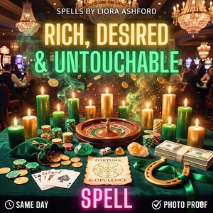 Puede incluir: Una escena de casino con velas de pilar verdes y doradas, fichas de póquer, una ruleta, cartas, una herradura dorada y billetes de dólar. Texto: SPELLS BY LIORA ASHFORD, RICH, DESIRED & UNTOUCHABLE, FORTUNA & OPULENCE, SPELL, SAME DAY, PHOTO PROOF.