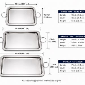 Puede incluir: Tres bandejas de servicio de acero inoxidable con asas redondeadas. La bandeja pequeña mide 30,5 cm de largo y 25,4 cm de ancho. La bandeja mediana mide 38,1 cm de largo y 30,5 cm de ancho. La bandeja grande mide 43,2 cm de largo y 30,5 cm de ancho.