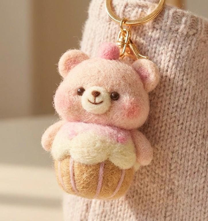 Cute Needle Felted Bear Cupcake Keychain, Fluffy Pink Teddy Bear