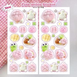 May include: A sticker sheet featuring two identical columns of illustrations including pink melon bread, green frog characters, white turtle shapes, yellow grid patterns, and small flower icons. The text Pink melon Sticker 6.5 x 14.5 is visible.