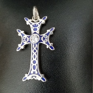 Medium size Sterling silver Mens & Women&#39;s Cross pendant with high quality Blue  enamel -Cz center