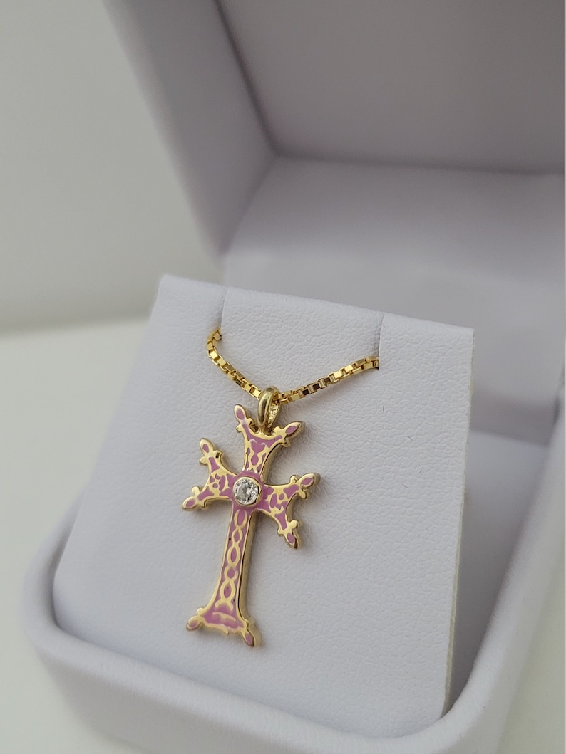 Christening Mini Cross pendant in pink shops enamel -sterling silver /18k gold plated finish