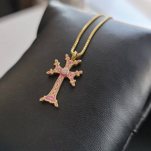 Christening Mini Cross pendant in pink shops enamel -sterling silver /18k gold plated finish