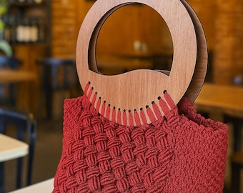 Handmade Burgundy Macrame Handbag with Wooden Handle – Boho Chic Cotton Tote Bag