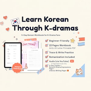 Beginner  Korean Workbook for K-Drama Fans l 22-Page Printable Workbook