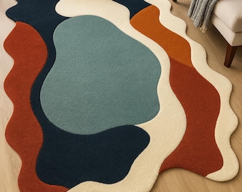 Modern abstrakt matta med oregelbunden form | Flerfärgad konstnärlig designermatta | Mjuk modern vardagsrumsmatta