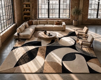 Modern Abstract Area Rug, Handmade Tufted Wool Carpet, Black Beige Geometric Rug, Contemporary Living Room Rug, Luxury Home Decor