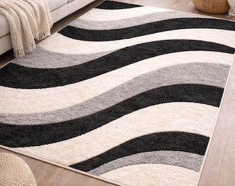 Black White Wavy Rug, Modern Abstract Area Rug, Contemporary Tufted Carpet, Minimalist Living Room Rug, Soft Geometric Floor Rug