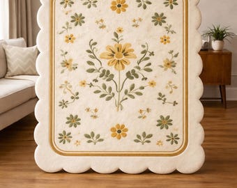 Alfombra floral vintage, alfombra con borde festoneado, alfombra estilo cottagecore, alfombra floral hecha a mano, alfombra botánica beige suave, alfombra decorativa para sala de estar y dormitorio.