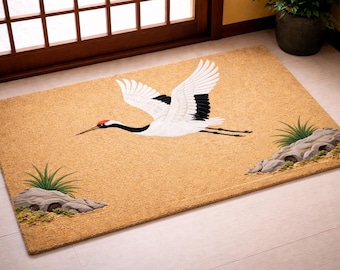 Felpudo de grulla japonesa, alfombra de entrada zen, alfombra de bienvenida con diseño de pájaro, felpudo minimalista, alfombra de decoración asiática, alfombra con diseño de pájaros de la naturaleza, alfombra de entrada moderna