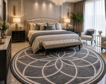 Modern Round Wool Rug, Hand Tufted Geometric Area Rug, Gray Ivory Circle Carpet, Luxury Bedroom Living Room Rug, Custom Rug