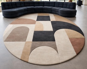 Alfombra redonda geométrica abstracta, alfombra moderna de tonos neutros, alfombra beige, negra y marrón, alfombra de lana hecha a mano, alfombra minimalista para sala de estar.