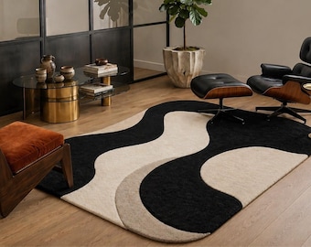 Black White Abstract Area Rug,Irregular Shape Modern Carpet, Luxury Designer Rug, Organic Shape Handmade Tufted Rug, Contemporary Home Decor