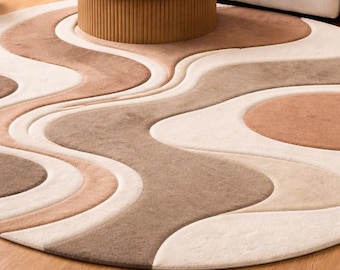 Round Abstract Area Rug, Modern Neutral Carpet, Beige Brown Wave Rug, Handmade Tufted Wool Rug, Minimalist Living Room Rug, Custom Size Rug