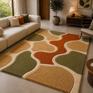 Mid Century Abstract Pebble Area Rug | Modern Earth Tone Wavy Blob Hand Tufted Wool Carpet | Terracotta Sage Green Tufted Rug for Living