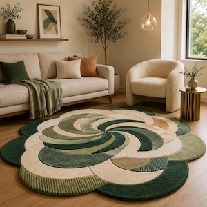 K&ouml;nnte beinhalten: Ein gro&szlig;er, runder Teppich mit einem geschichteten, wirbelnden Blumenmuster in den Farben Waldgr&uuml;n, Salbei, Creme und Hellbraun. Der Teppich hat einen strukturierten, getufteten Flor mit geschwungenen, &uuml;berlappenden, bl&uuml;tenblattartigen Segmenten.