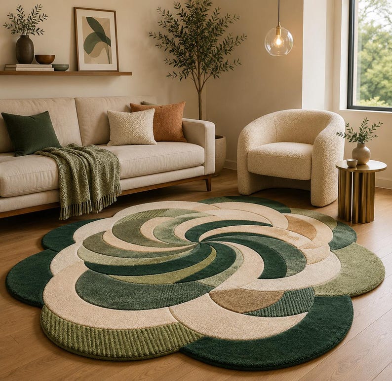 K&ouml;nnte beinhalten: Ein gro&szlig;er, runder Teppich mit einem geschichteten, wirbelnden Blumenmuster in den Farben Waldgr&uuml;n, Salbei, Creme und Hellbraun. Der Teppich hat einen strukturierten, getufteten Flor mit geschwungenen, &uuml;berlappenden, bl&uuml;tenblattartigen Segmenten.