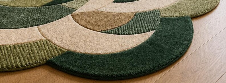 K&ouml;nnte beinhalten: Ein getufteter Teppich mit geschwungenem, wellenf&ouml;rmigem Randdesign in den Farben Waldgr&uuml;n, Olivgr&uuml;n und Beige. Die Oberfl&auml;che zeigt eine Mischung aus dichtem, glattem Flor und strukturierten, gerippten Abschnitten in kreisf&ouml;rmigen Mustern.