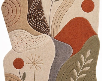 Abstract Botanical Irregular Rug, Handmade Wool Area Rug, Organic Shape Modern Carpet, Artistic Living Room Rug, Unique Designer Floor Rug
