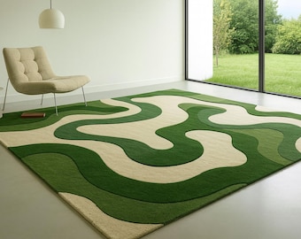 Abstrakt grön vågmatta, modern minimalistisk matta, organisk vågig matta, modern tuftad matta, naturinspirerad vardagsrumsmatta