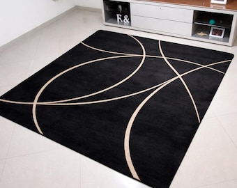 Modern Abstract Black Rug with Curved Lines, Minimalist Geometric Area Rug, Contemporary Living Room Carpet, Luxury Designer Floor Rug