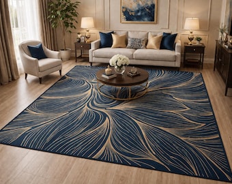 Luxury Navy Gold Area Rug, Abstract Leaf Pattern Rug, Modern Elegant Living Room Carpet, Designer Blue Gold Rug, Contemporary Statement Rug