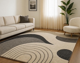 Alfombra abstracta neutra, alfombra minimalista beige gris, alfombra escandinava moderna, alfombra con diseño de arcoíris, alfombra de salón tejida a mano