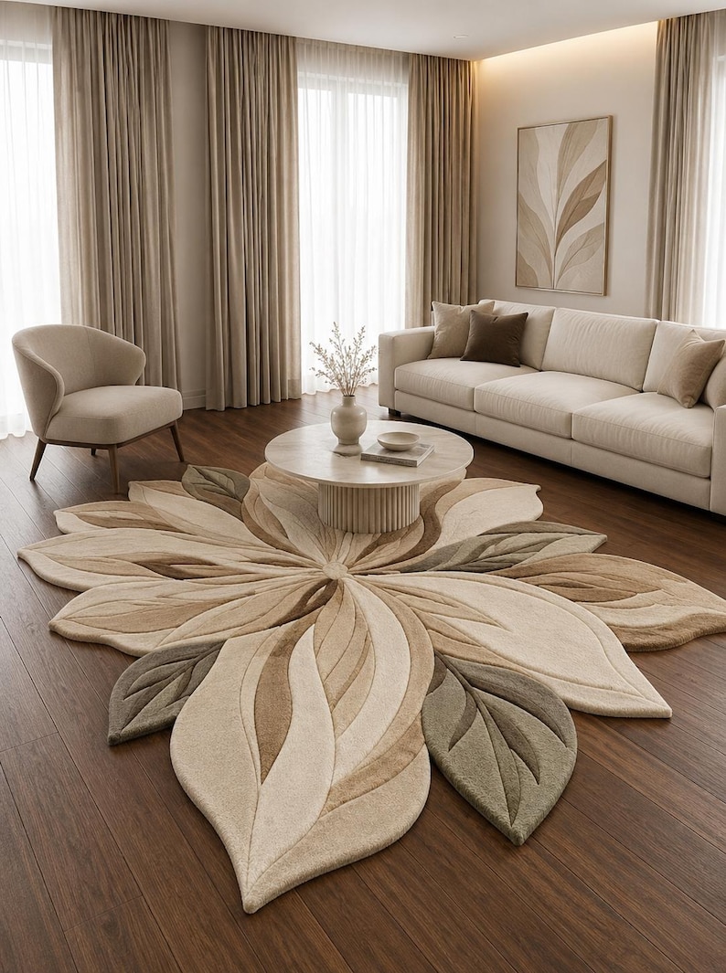 Flower Shaped Area Rug, Handmade Floral Rug, Beige Botanical Tufted Rug ...