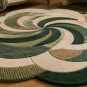 K&ouml;nnte beinhalten: Ein gro&szlig;er, runder Teppich mit einem geschichteten, wirbelnden Blumenmuster in den Farben Waldgr&uuml;n, Salbeigr&uuml;n, Creme und Hellbraun. Der Teppich hat eine strukturierte, getuftete Oberfl&auml;che mit geschwungenen Segmenten in einem dynamischen Design.