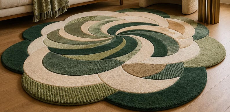 K&ouml;nnte beinhalten: Ein gro&szlig;er, runder Teppich mit einem geschichteten, wirbelnden Blumenmuster in den Farben Waldgr&uuml;n, Salbeigr&uuml;n, Creme und Hellbraun. Der Teppich hat eine strukturierte, getuftete Oberfl&auml;che mit geschwungenen Segmenten in einem dynamischen Design.