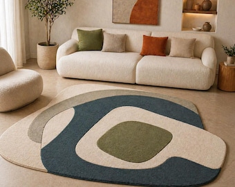 Modern Abstract Rug, Handmade Tufted Area Rug, Organic Shape Carpet, Neutral Beige Green Rug, Living Room Decor Rug, Custom Size Rug