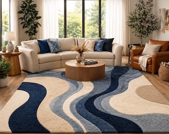 Modern Abstract Area Rug, Blue Beige Wave Carpet, Neutral Boho Rug, Luxury Handmade Tufted Rug, Contemporary Living Room Decor