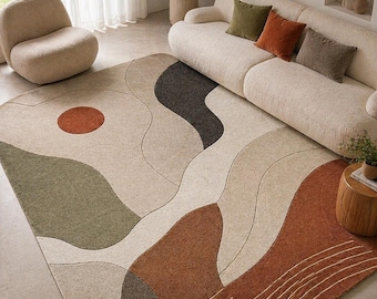 Alfombra abstracta moderna, alfombra de lana hecha a mano, alfombra de forma orgánica, alfombra para sala de estar en tonos tierra, alfombra artística, alfombra minimalista para decoración del hogar.