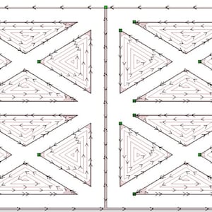 May include: A digital design file featuring two identical rectangular sections, each containing four triangles arranged in a grid. Each triangle displays a continuous spiral path pattern with directional arrows and small green square markers.
