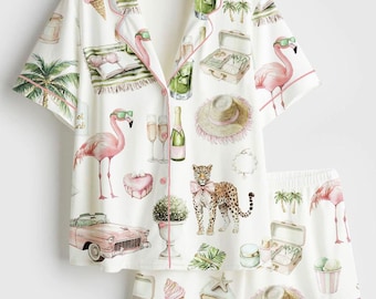 Flamingo-pyjamasset, söta sommarsovkläder, rosa estetiska pyjamas, kortärmat loungeset för kvinnor, semesterpyjamas, nattkläder med knappar