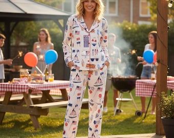 4thofJuly Pyjama Set, Amerikanische Flagge Nachtwäsche für Frauen, USA Sommer BBQ Loungewear, Rot Weiß Blau Kurzes Pj Set Geschenk zum Unabhängigkeitstag Geschenk