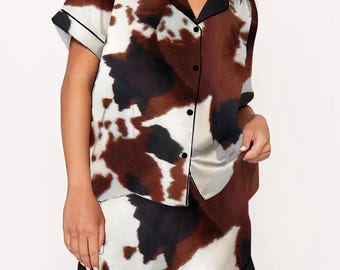Pigiama western con stampa mucca, set pigiama rustico in seta con stampa animalier marrone e nera, pigiama alla moda a maniche lunghe, regalo di compleanno unico per lei