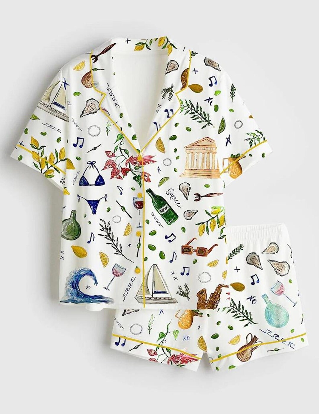Greek Pyjamas Greek Summer Pajama Set, Mediterranean Sleepwear, Lemon Wine Pajamas ...