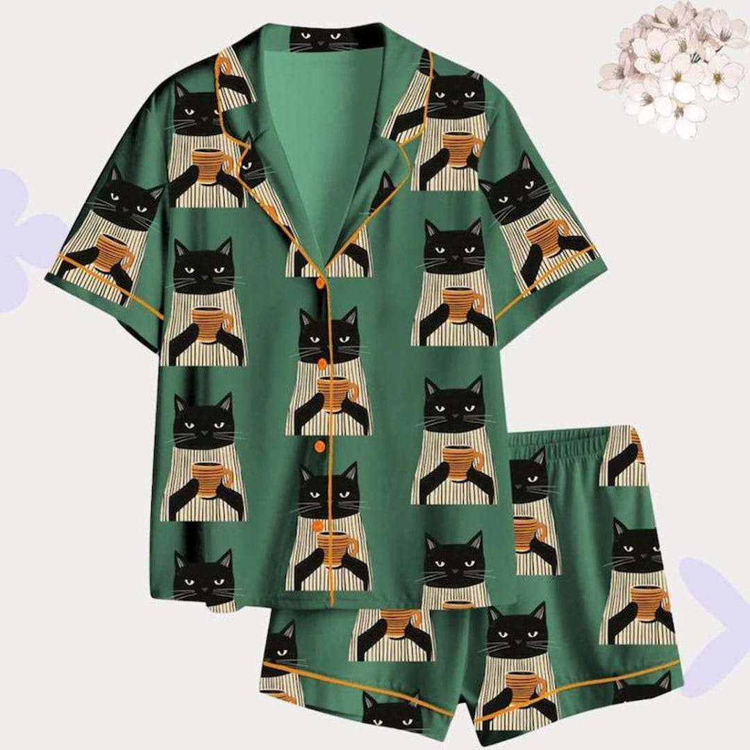 Black Cat Coffee Pajama Set, Cute Cat Sleepwear, Cat Lover Gift, Funny ...
