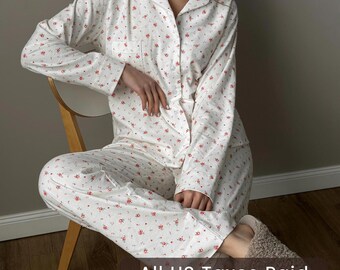 Conjunto de pijama floral con estampado de pequeños detalles para mujer, pijama de manga larga, conjunto de pijama de algodón suave, ropa cómoda para estar en casa, regalo para ella.