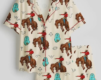 Pijama vaquero vintage del oeste, conjunto de pijama corto con estampado turquesa y de caballos salvajes.