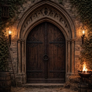 Puede incluir: Una puerta de madera oscura con un arco de piedra adornado con herrajes de hierro forjado y un tirador de anillo. La pared de piedra está cubierta de hiedra, con faroles y un brasero.