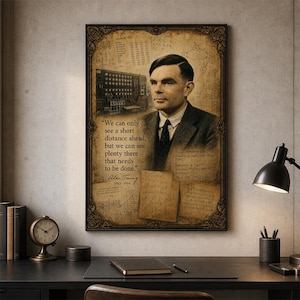 Alan Turing vintage portrait with an early computer, binary code, and mathematical notes, vintage educational wall art, academic study