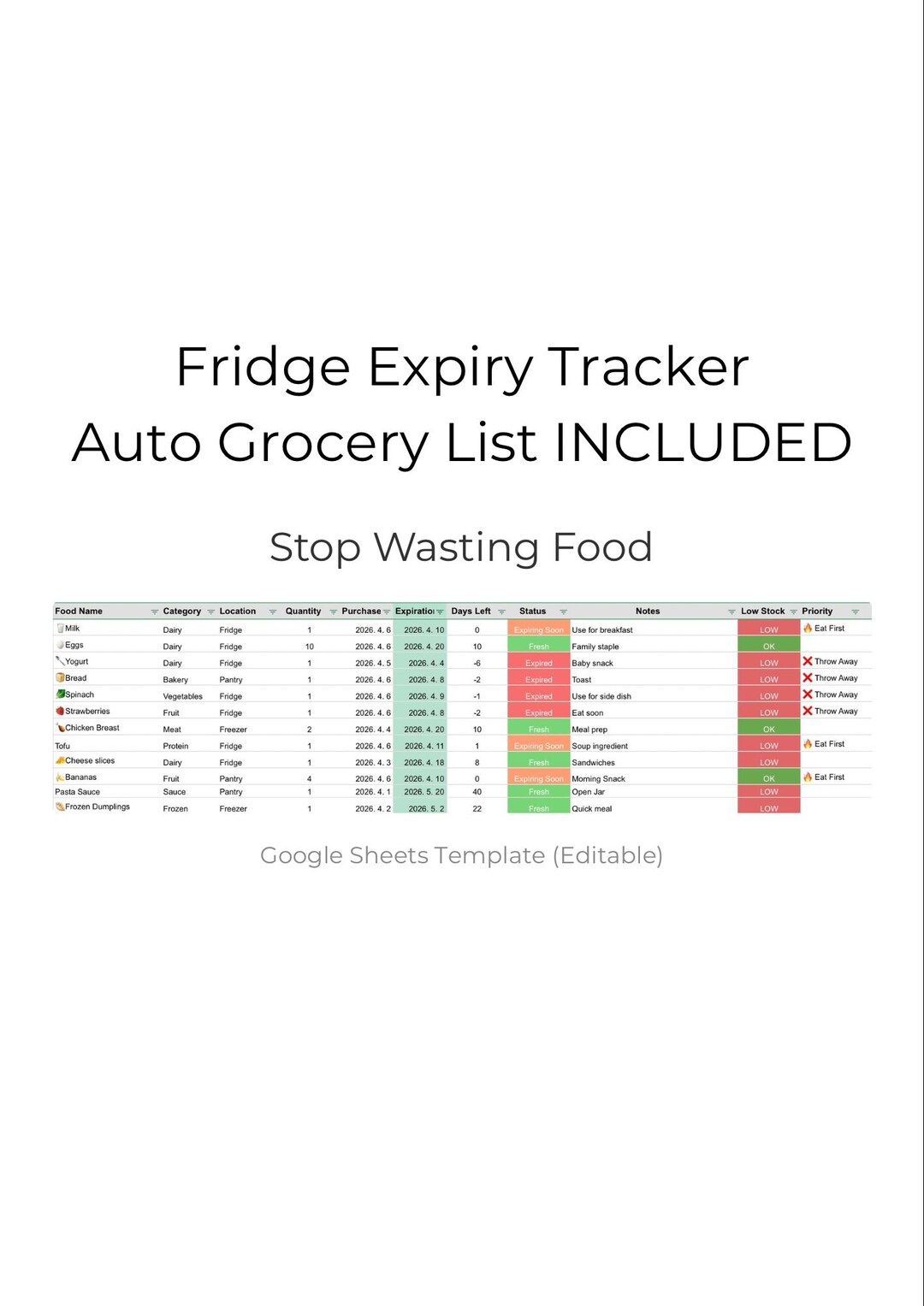 Expired List Layout Fridge Inventory Tracker Google Sheets | Expiration Date Tracker | Auto ...