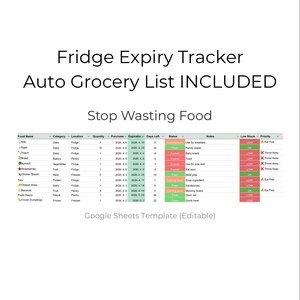 Hoja de cálculo de Google para el control del inventario del refrigerador / Seguimiento de fechas de caducidad / Lista de la compra automática / Hoja de cálculo para organizar la cocina