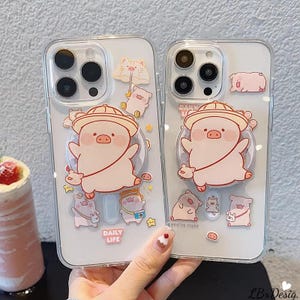 Cute Lulu Pig MagSafe Case for iPhone 17 Pro Max, iPhone 16, iPhone 15, Clear Kawaii Cartoon Protective Cover with Adorable Bracket