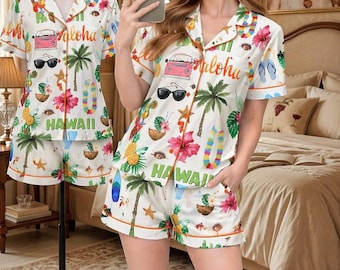 Pijama de viaje para mujer en Hawái, de satén tropical de manga corta, ideal para vacaciones de verano en la playa.