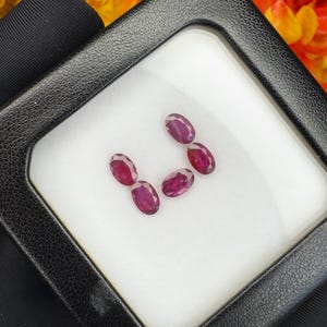 Könnte beinhalten: Fünf oval geschliffene, tief pink-rote Edelsteine, angeordnet auf einem weißen Einleger in einem schwarzen quadratischen Etui. Die facettierten Steine weisen eine durchscheinende Qualität auf und sind in einer Gruppe angeordnet, die ihre polierten Oberflächen zeigt.